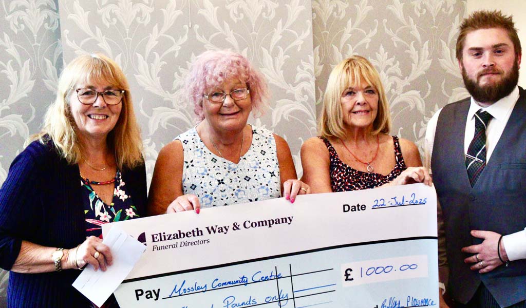 Elizabeth Way & Company Funeral Directors awarding £1,000 to the Mossley Community Centre.